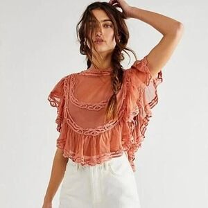 FREE PEOPLE I’m Pretty Ok Sheer Ruffled Lace Crop Top 100% Cotton Sz XS